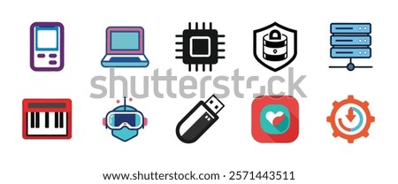 Editable Technology and It Icons Set. Colorful Vector illustration including Mobile, Laptop, Microchip, Cybersecurity, Server, Keyboard, VR Headset, USB Drive, Health App, Software