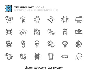 Editable Technology icons set. Thin line outline icons such as data management, innovation, distributed, chip, cpu, monitor, technology, deep learning, artificial intelligence vector
