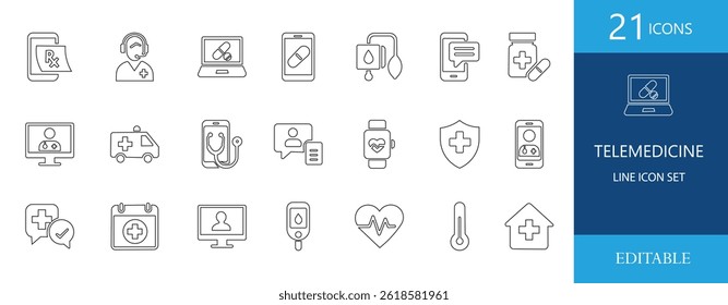 Editable telemedicine line icon set featuring healthcare, medical consultation, online doctor, pharmacy, smartwatch, ambulance, and virtual healthcare elements in a clean, minimal style.