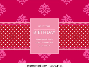 Editable template for a birthday card with floral background, a polkadot ribbon and a retro label with your message