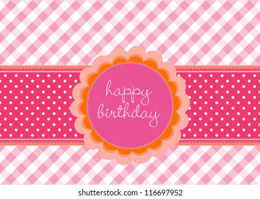 Editable template for a birthday card with flower label on a pink vichy pattern