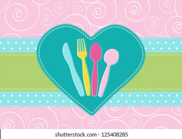 Editable template for a card with cutlery in a heart on a background with polka dots and swirls