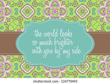 Editable template for a card with floral background, a ribbon and a retro label with your message