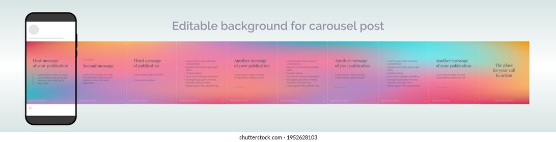 Editable template for carousel post in social network. Colorful gradient design background for social media. Vector illustration