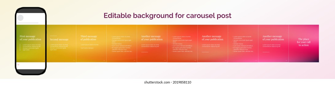 Editable template for carousel post in social network. Complex colorful gradient design background for social media. Vector illustration