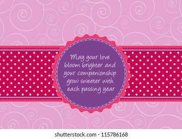 Editable template for a congratulations card (wedding, valentine, engagement) with swirls background, a polkadot ribbon and a retro label with your message