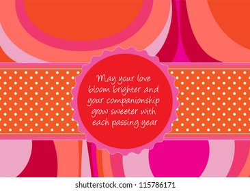 Editable template for a congratulations card (wedding, valentine, engagement) with abstract background, a polkadot ribbon and a retro label with your message