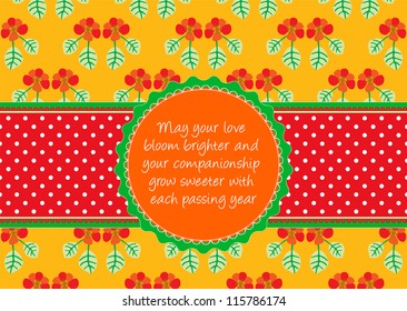 Editable template for a congratulations card (wedding, valentine, engagement) with floral background, a polkadot ribbon and a retro label with your message
