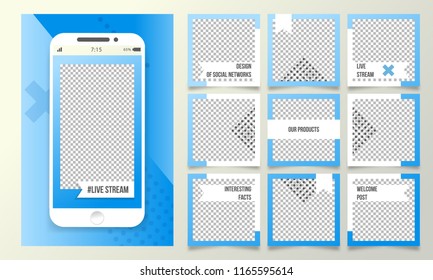 Editable template for the design of posts with photos in a unified style, video stream, story templates for  Stories template for streaming.