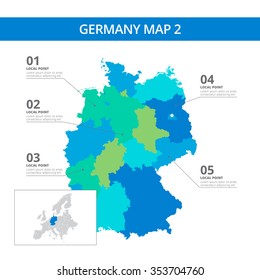 Editable template of detailed map of Germany with information marks and country silhouette on world map, isolated on white