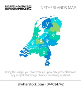 Editable template of detailed map of the Netherlands with map pointers, isolated on white