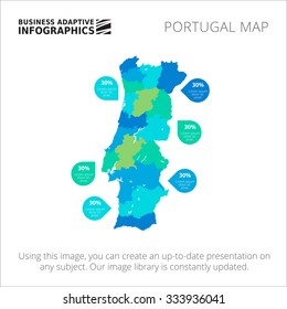 Editable template of detailed map of Portugal with percent markers, isolated on white