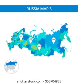 Editable template of detailed map of Russia with map pointers and Russia silhouette on world map, isolated on white
