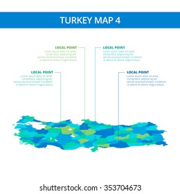 Editable template of detailed map of Turkey with information marks, blue and green version, isolated on white