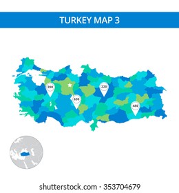 Editable template of detailed map of Turkey with map pointers and country silhouette on world map, isolated on white