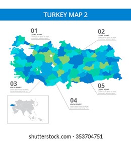 Modelo editável de mapa detalhado da Turquia com marcas de informação e silhueta do país no mapa do mundo, isolado no branco