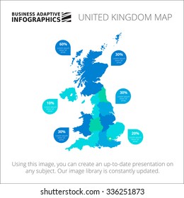 Editable template of detailed map of the United Kingdom with percent marks, isolated on white