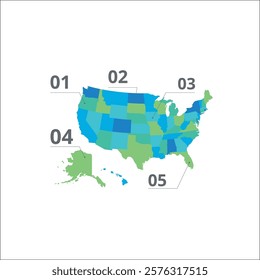 Editable template of detailed map of USA, isolated on white