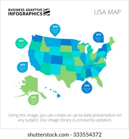 Editable template of detailed map of USA with percent marks, isolated on white