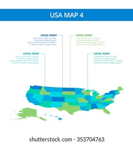 Editable template of detailed map of the USA with information marks, blue and green version, isolated on white