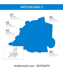 Editable template of detailed map of Vatican with information marks and country silhouette on world map, isolated on white