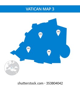 Editable template of detailed map of Vatican with map pointers and country silhouette on world map, isolated on white
