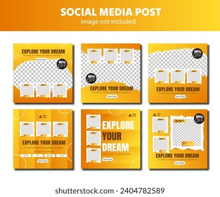 Editable template flat travel social media post collection, travel promotion fyler posts, yellow gradient template post for social media ad. web banner ads for travel promotion