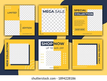 Editable Template Instagram Post For Social Media. Dark Blue And Yellow Background Color With Stripe Line Shape. Elegant Sale And Discount Promo. Vector Illustration