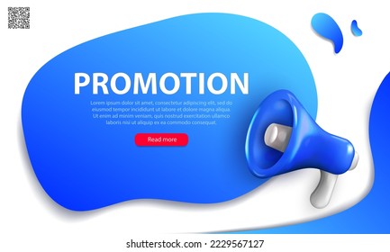 Plantilla editable de la página de inicio con megáfono de grito azul 3d, código qr, texto y botón. Banner de promoción brillante con altavoz tridimensional realista, bullhorn, loudhailer.