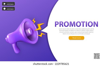 Editable template of landing page with 3d purple shouting megaphone, qr code, text and button. Bright promotion banner with three dimensional realistic loudspeaker, bullhorn, loudhailer.