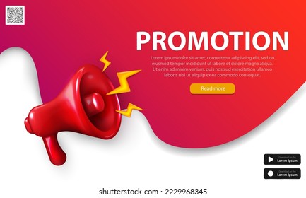 Plantilla editable de la página de inicio con megáfono de grito rojo 3d, código qr, texto y botón. Banner de promoción brillante con altavoz tridimensional realista, bullhorn, loudhailer.