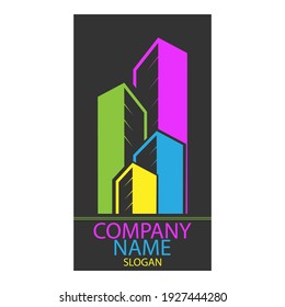 Editable template for logo, brand, emblem or sticker. Brand of construction company, business of hiring, buying and selling home. Flat style 