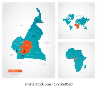 Editable template of map of Cameroon with marks. Cameroon on world map and on Africa map.