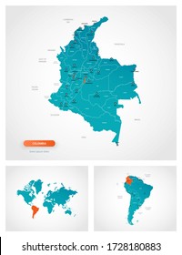 Editable template of map of Colombia with marks. Colombia on world map and on South America map. Editable template of map of Colombia with marks. Colombia on world map and on South America map.