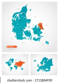 Editable template of map of Denmark with marks. Denmark  on world map and on Europe map.