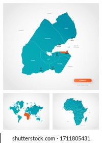 Editable template of map of Djibouti with marks. Djibouti  on world map and on Africa map.