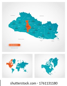 Editable template of map of El Salvador with marks. El Salvador on world map and on North America map.