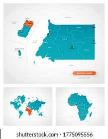 Editable template of map of Equatorial Guinea with marks. Equatorial Guinea on world map and on Africa map.
