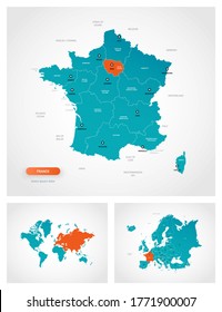 Plantilla editable de mapa de Francia con marcas. Francia en el mapa del mundo y en el mapa de Europa.