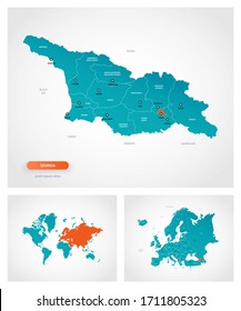 Editable template of map of Georgia with marks. Georgia  on world map and on Europe map.