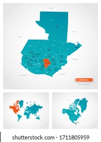 Editable template of map of Guatemala with marks. Guatemala  on world map and on North America map.