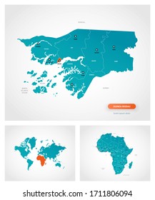 Editable template of map of Guinea-Bissau with marks. Guinea-Bissau  on world map and on Africa map.
