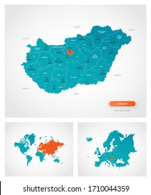 Editable template of map of Hungary with marks. Hungary  on world map and on Europe map.