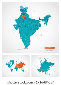 Editable template of map of India with marks. India on world map and on Asia map.