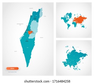 Editable template of map of Israel with marks. Israel  on world map and on Asia map.