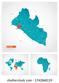 Editable template of map of Liberia with marks. Liberia on world map and on Africa map.
