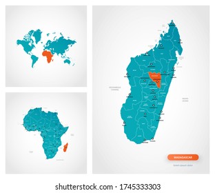 Editable template of map of Madagascar with marks. Madagascar on world map and on Africa map.