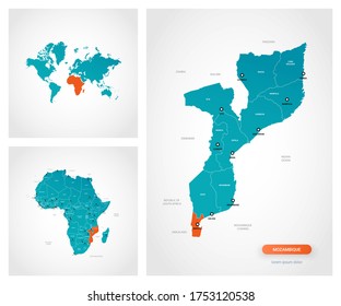 Plantilla editable del mapa de Mozambique con marcas. Mozambique en el mapa del mundo y en el mapa de África.