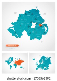 Editable template of map of Northern Ireland with marks. Northern Ireland  on world map and on Europe map.