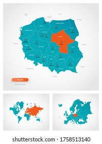 Editable template of map of Poland with marks. Poland on world map and on Europe map.